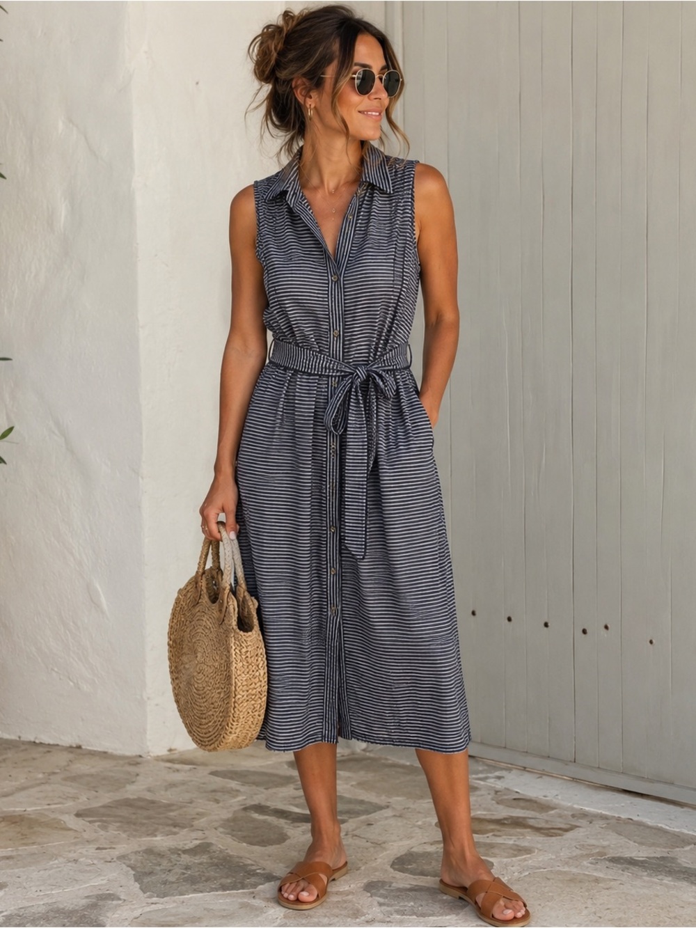 MICHAEL Michael Kors Striped Button-Down Poplin Shirt Midi Dress Size 4 Preppy